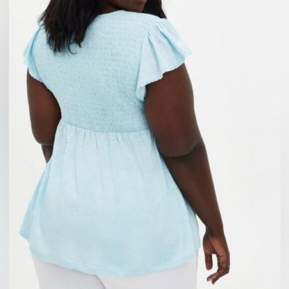 NWT Womens torrid 1 Aqua Light Blue Babydoll Cotton Crew Neck Smocked Bodice Top - Picture 4 of 14